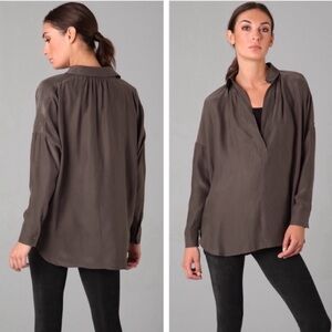 Vince Silk Long Sleeve Popover Top Brown Olive Tunic Blouse Size Large Flowy